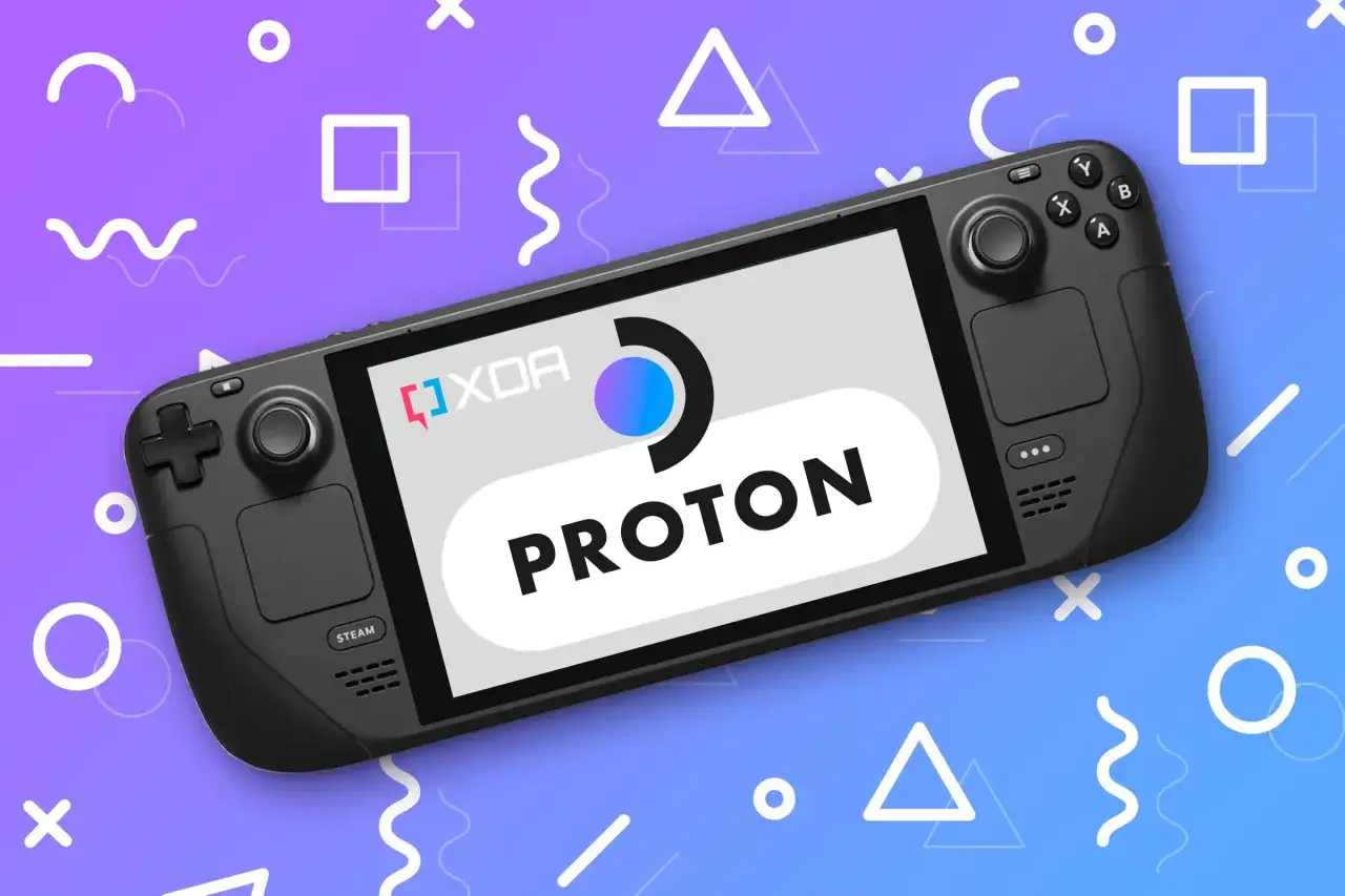 Ręczny handheld Steam Deck z logo Proton, idealny do grania na Linuxie.