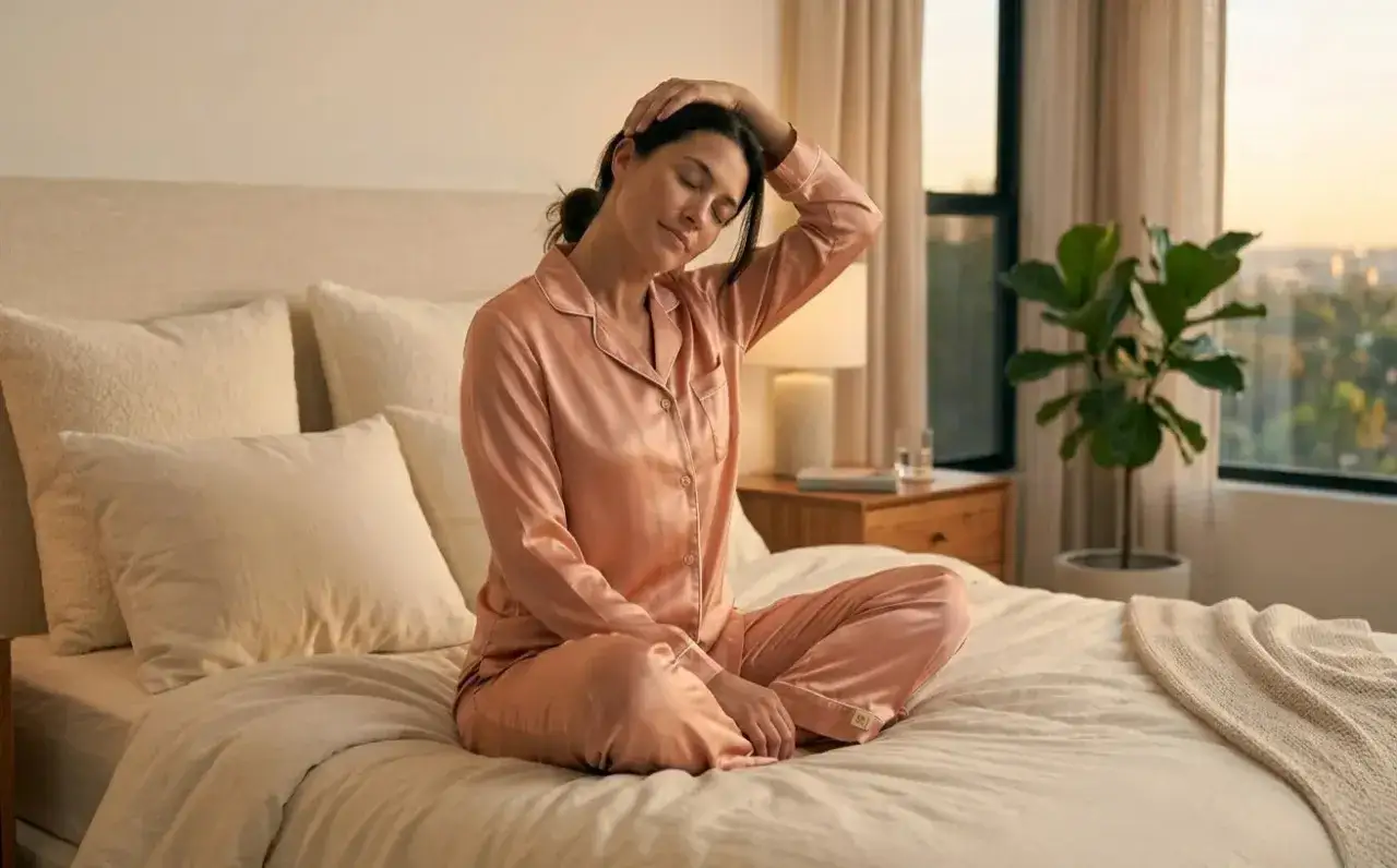 Frau in Satin-Pyjama übt progressive Muskelentspannung im Bett, genießt den Sonnenaufgang.