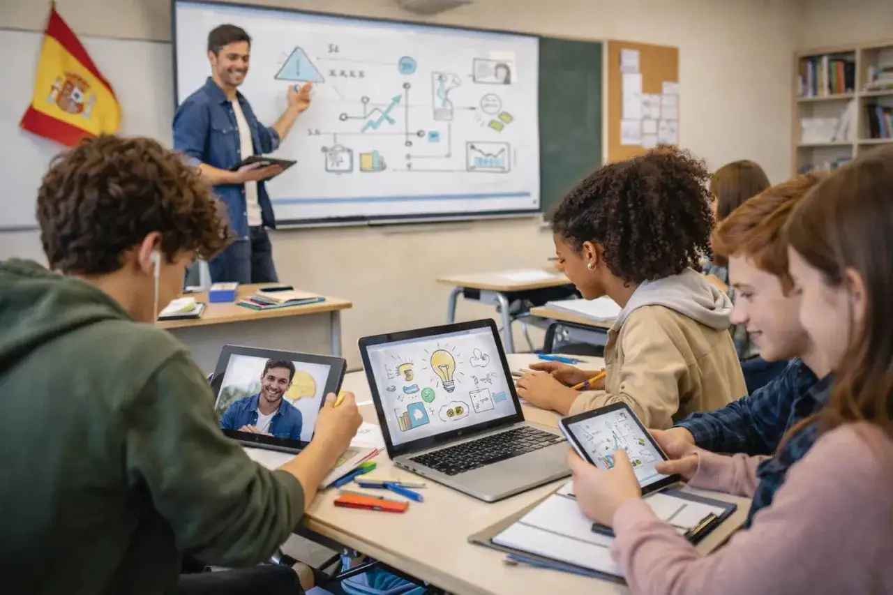 Estudiantes en clase h&iacute;brida, con profesor en pantalla y pizarra interactiva. El efecto Hawthorne se observa en su concentraci&oacute;n, motivados por la tecnolog&iacute;a.