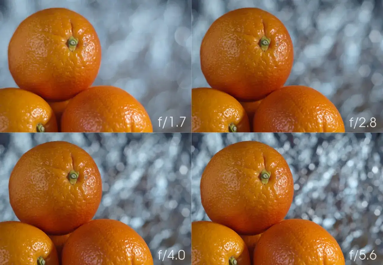 Four images of oranges show how bokeh lenses create different background blurs at f/1.7, f/2.8, f/4.0, and f/5.6.