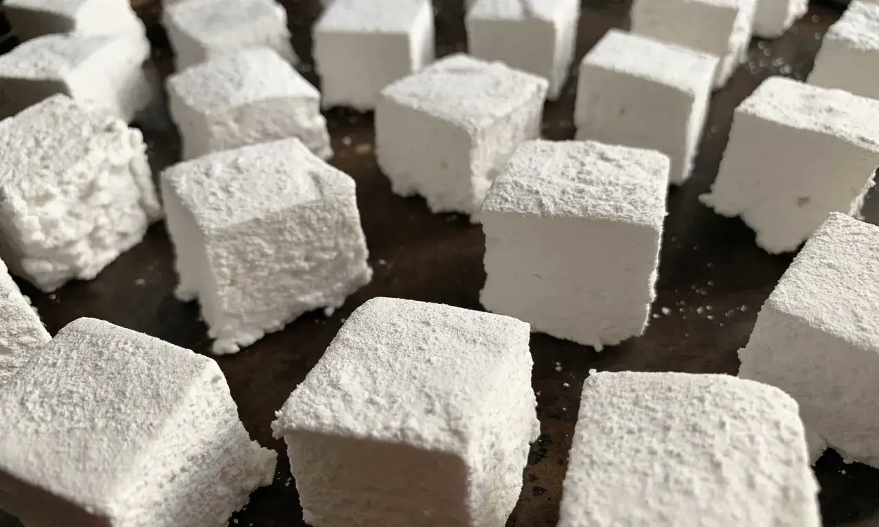 Cubos blancos y esponjosos, como se hacen las nubes de az&uacute;car, cubiertos de polvo fino.