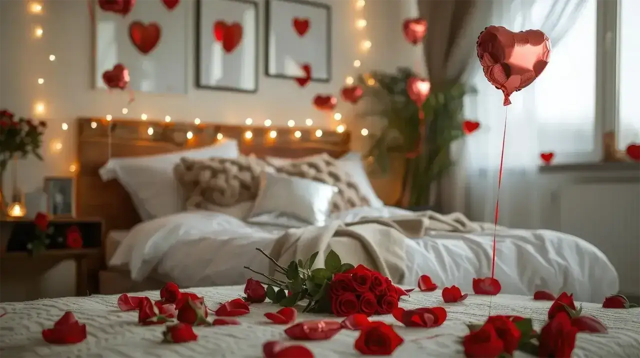 Romantyczna sypialnia udekorowana na dzień miłości. Czerwone róże, płatki i balony w kształcie serca tworzą atmosferę.