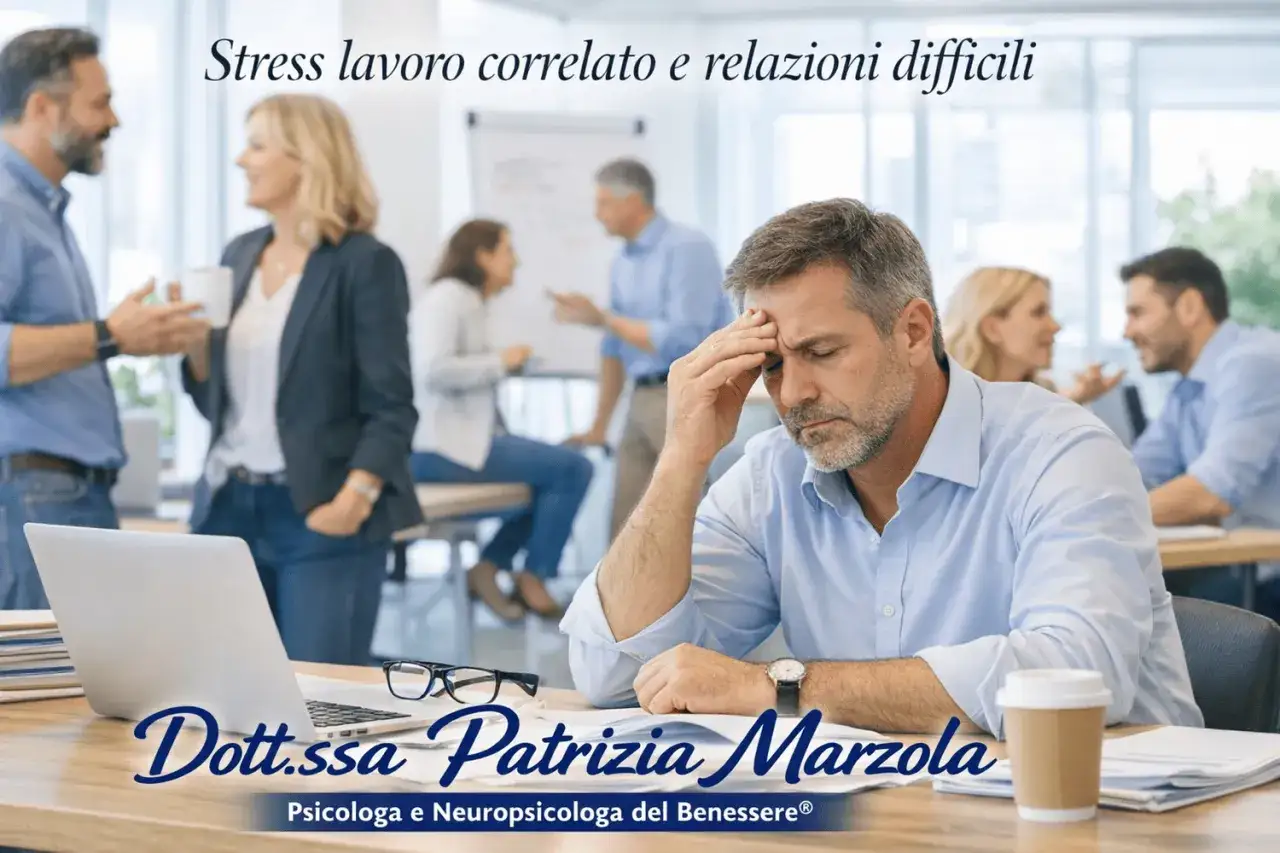 Uomo d'affari con la mano sulla fronte, simbolo di **gestione dello stress lavorativo**. Colleghi in sottofondo. Dott.ssa Patrizia Marzola, Psicologa.
