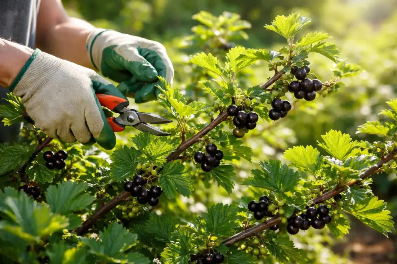Hände mit Handschuhen schneiden mit einer Gartenschere einen Ast mit reifen Jostabeeren.