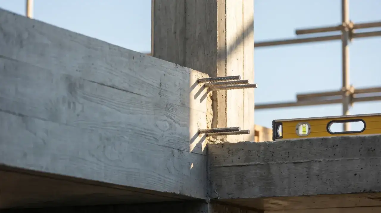 Betonowe elementy konstrukcji, zbrojenie i poziomica. Zastanawiasz się, ile kosztuje kierownik budowy?