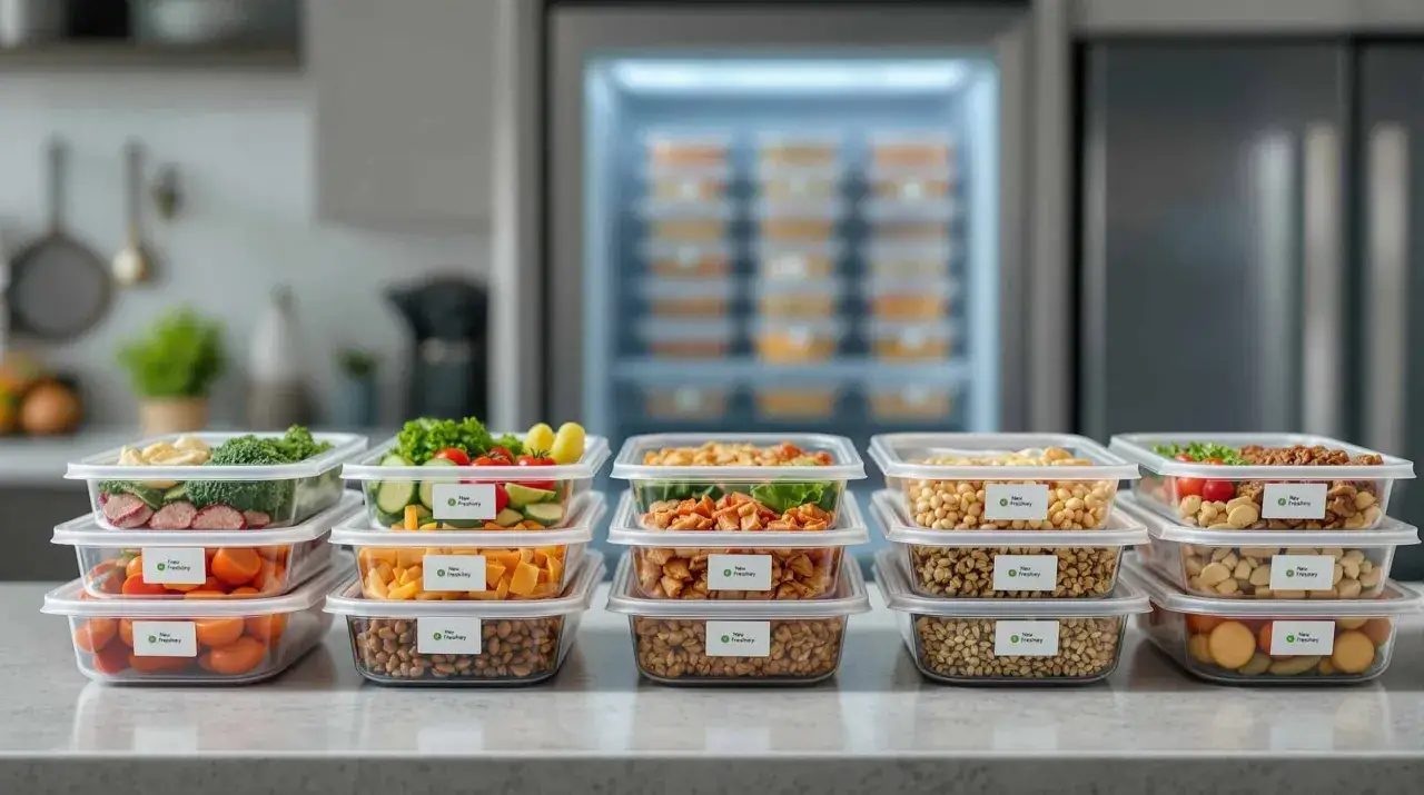 Des récipients empilés de plats préparés, prêts à être congelés. Une solution pour savoir si peut on congeler un plat cuisiné.