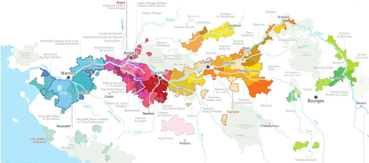 Carte des vignobles de la Loire, avec des zones color&eacute;es indiquant les appellations, dont le vin cabernet franc.