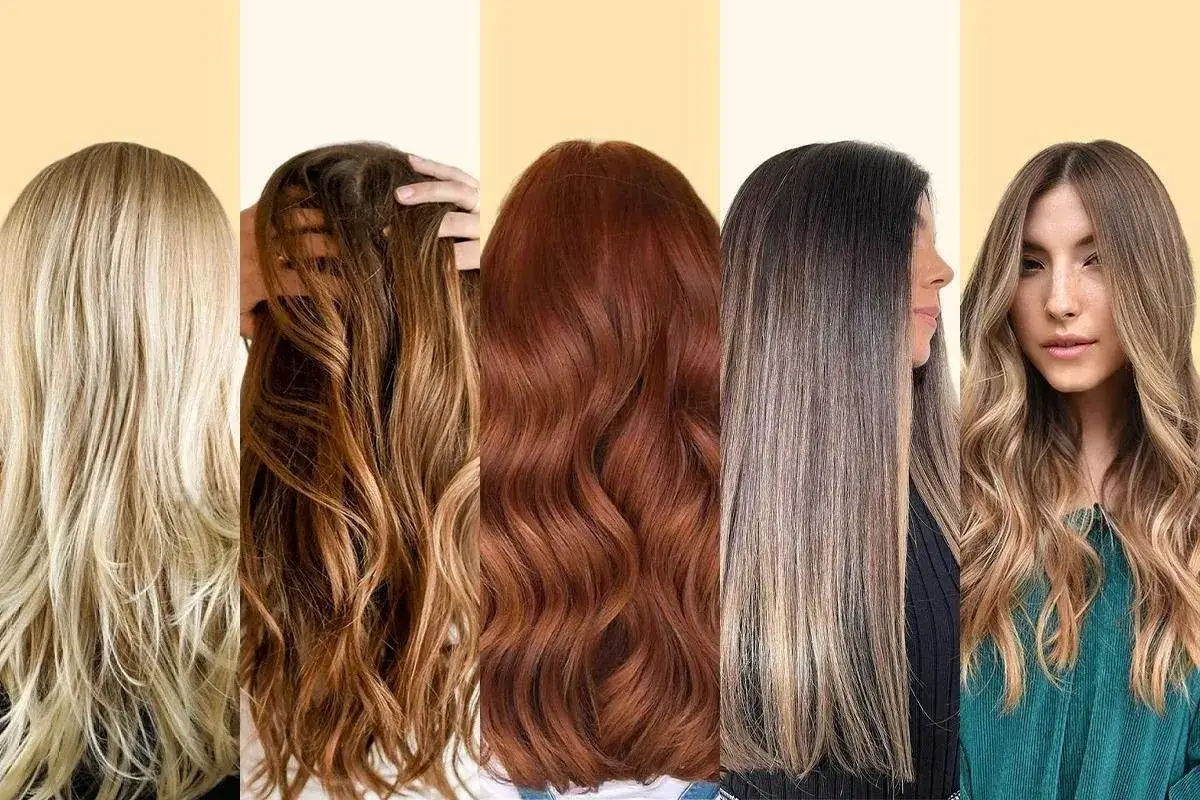Cinco estilos de cabello con diferentes tonos: rubio platino, casta&ntilde;o con reflejos, cobrizo, balayage oscuro y rubio miel.