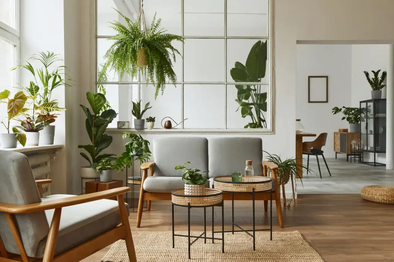 Gemütliches Wohnzimmer mit vielen Pflanzen, die für eine grüne Oase sorgen. Tolle urban jungle ideen für dein Zuhause.