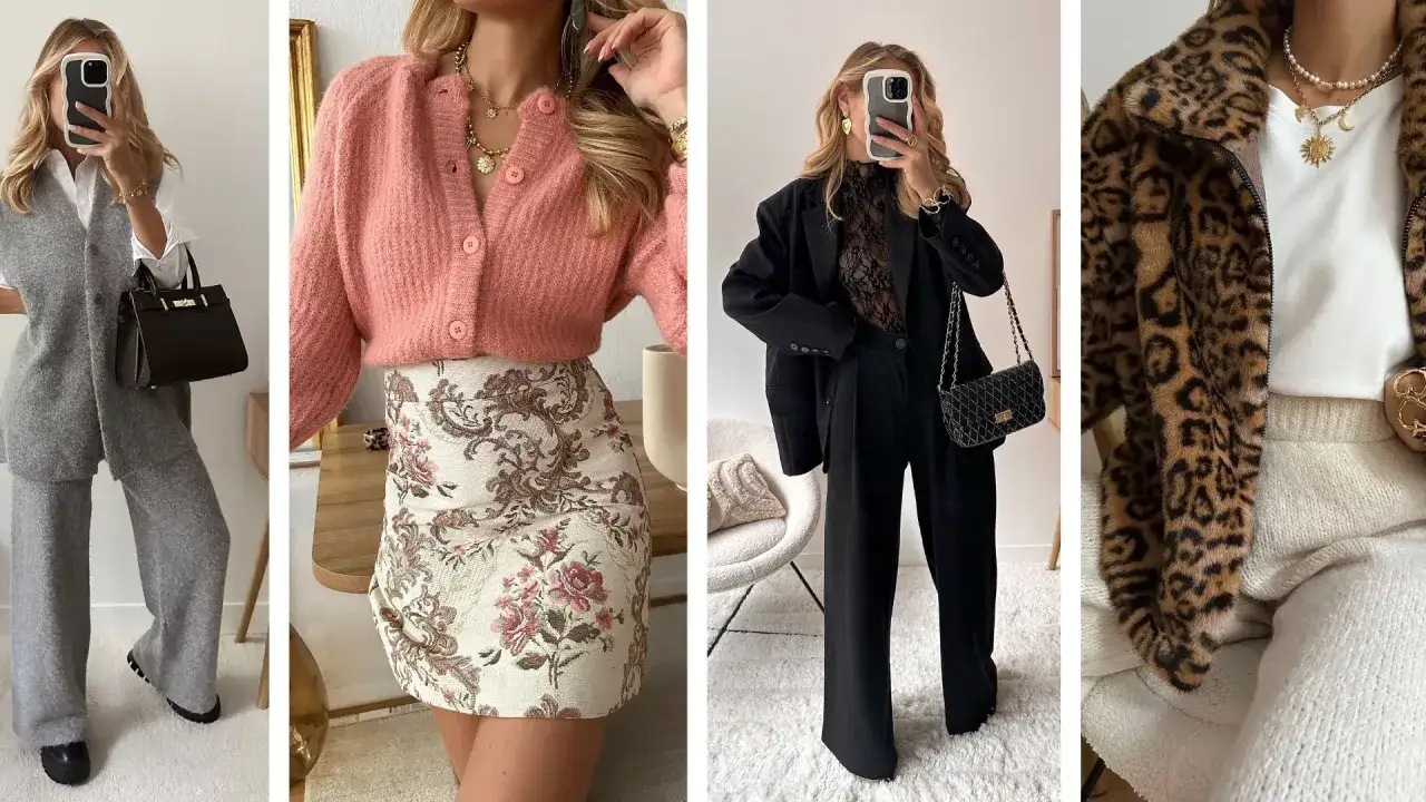 Idées pour comment s'habiller pour Noël femme : tailleur gris, robe fleurie rose, tailleur noir chic, ou manteau léopard.