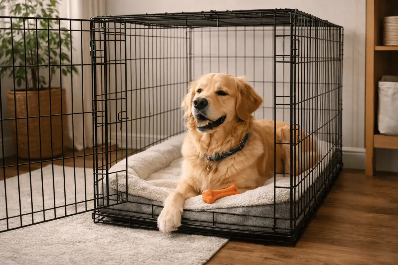 Golden retriever en su jaula, con un hueso de juguete. Pregunta: cuanto tarda un perro en acostumbrarse a estar solo.
