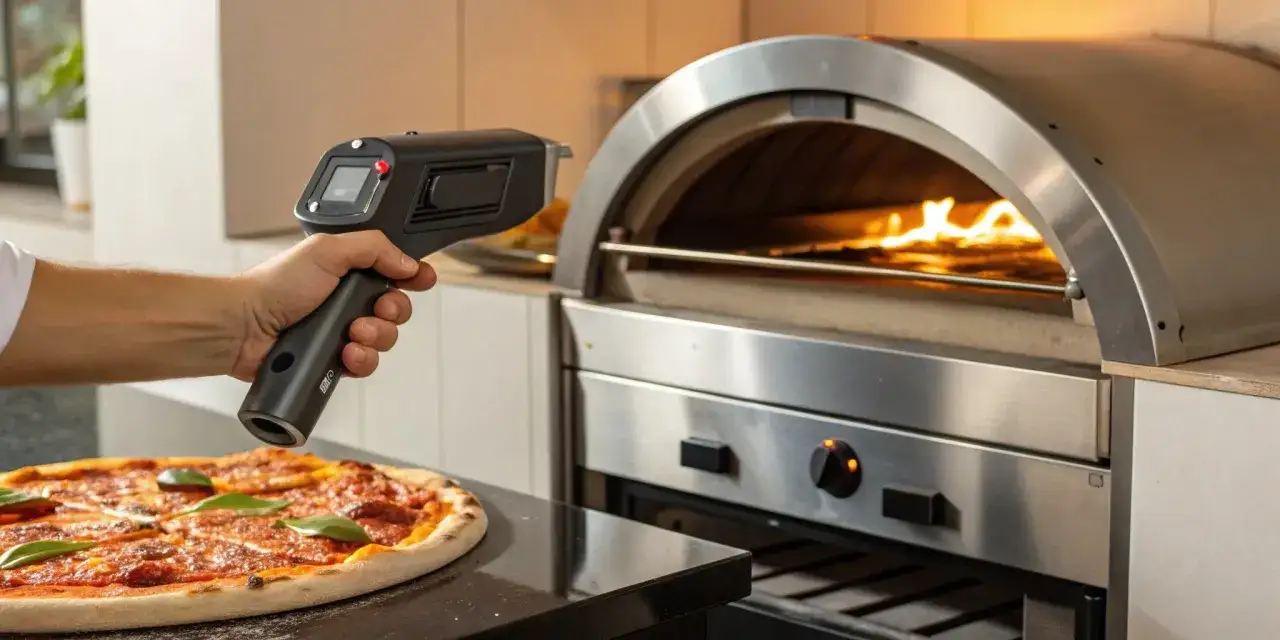 Sprawdzanie, ile nagrzewa się kamień do pizzy, za pomocą pirometru. Obok gotowa pizza.