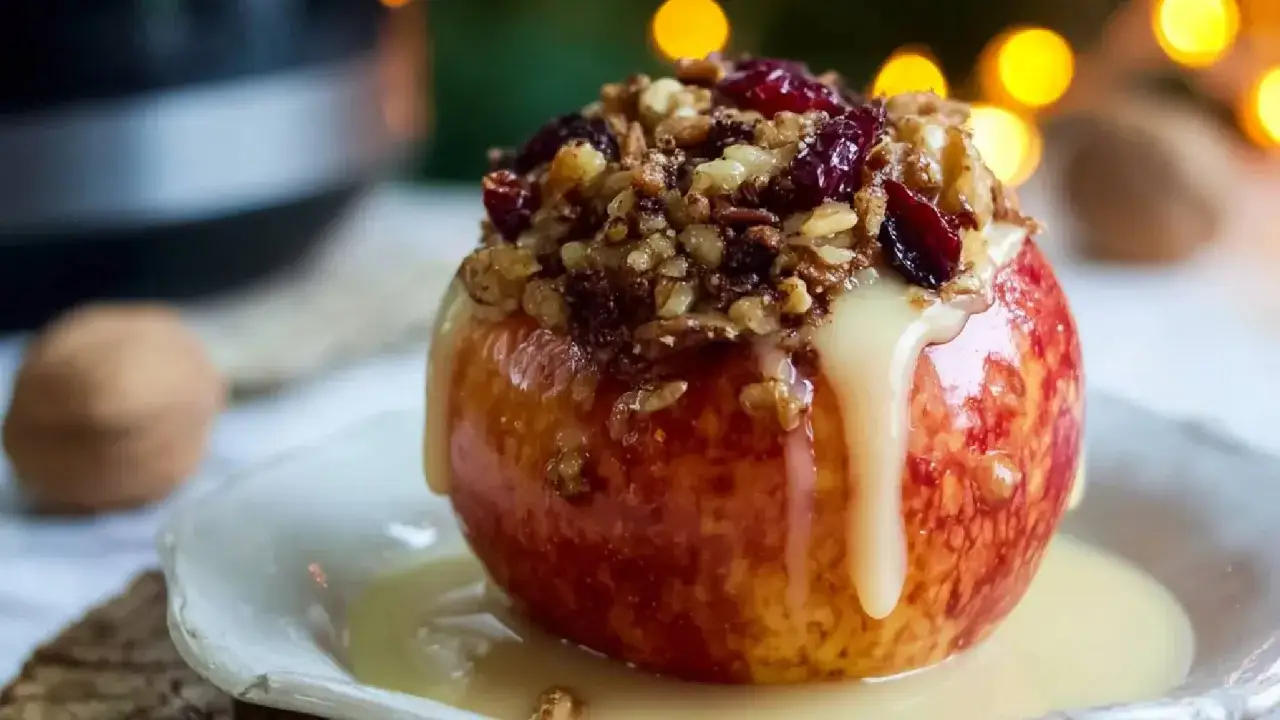 Manzanas asadas en freidora de aire, cubiertas con nueces y arándanos, bañadas en salsa dulce.