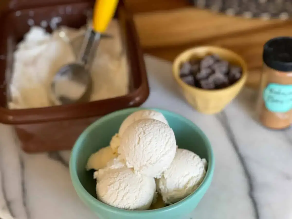 Kefir Eis in einer Sch&uuml;ssel, daneben Schokoladenst&uuml;ckchen und Zimt. Ein Eisportionierer liegt in einem braunen Beh&auml;lter mit mehr Eis.