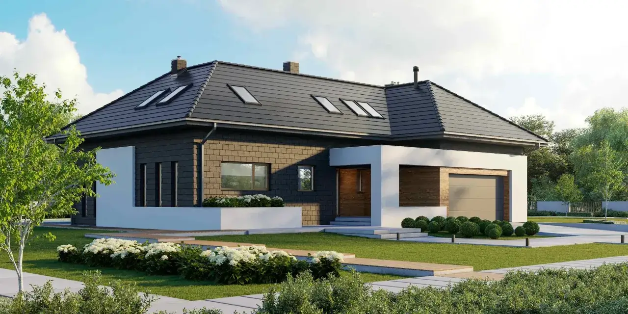 Nowoczesny dom z ciemną elewacją i białymi elementami, z garażem i ogrodem. Projekt homekoncept 13 energo.