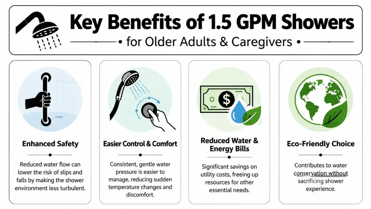 Infographie sur les avantages des douches &agrave; faible d&eacute;bit d'eau (1,5 GPM) pour les seniors : s&eacute;curit&eacute; accrue, confort, &eacute;conomies et choix &eacute;cologique.