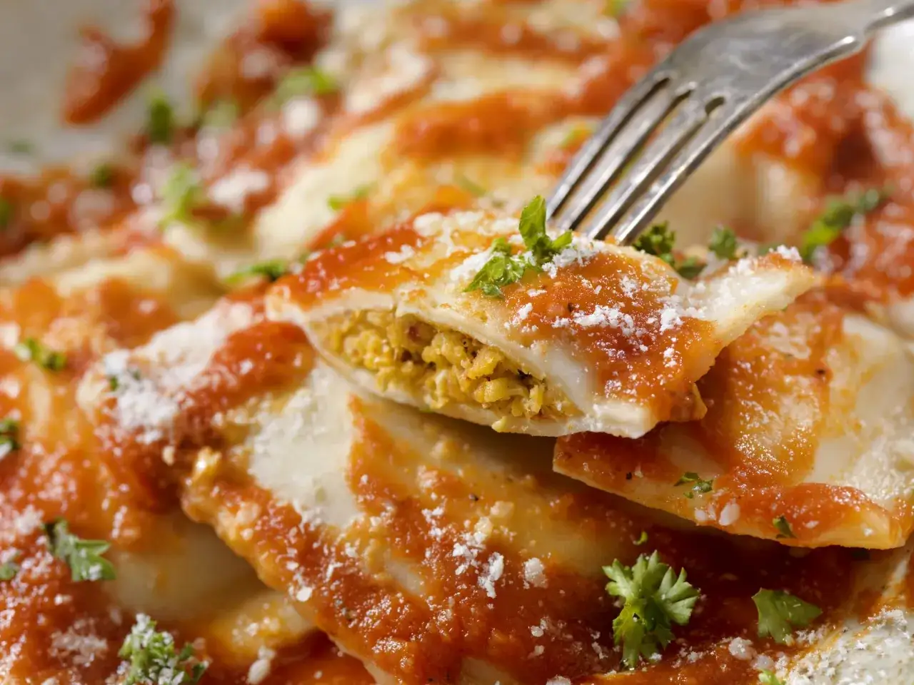 Ravioli italiens g&eacute;n&eacute;reusement napp&eacute;s de sauce tomate, parsem&eacute;s de parmesan et de persil frais. Une bouch&eacute;e app&eacute;tissante.