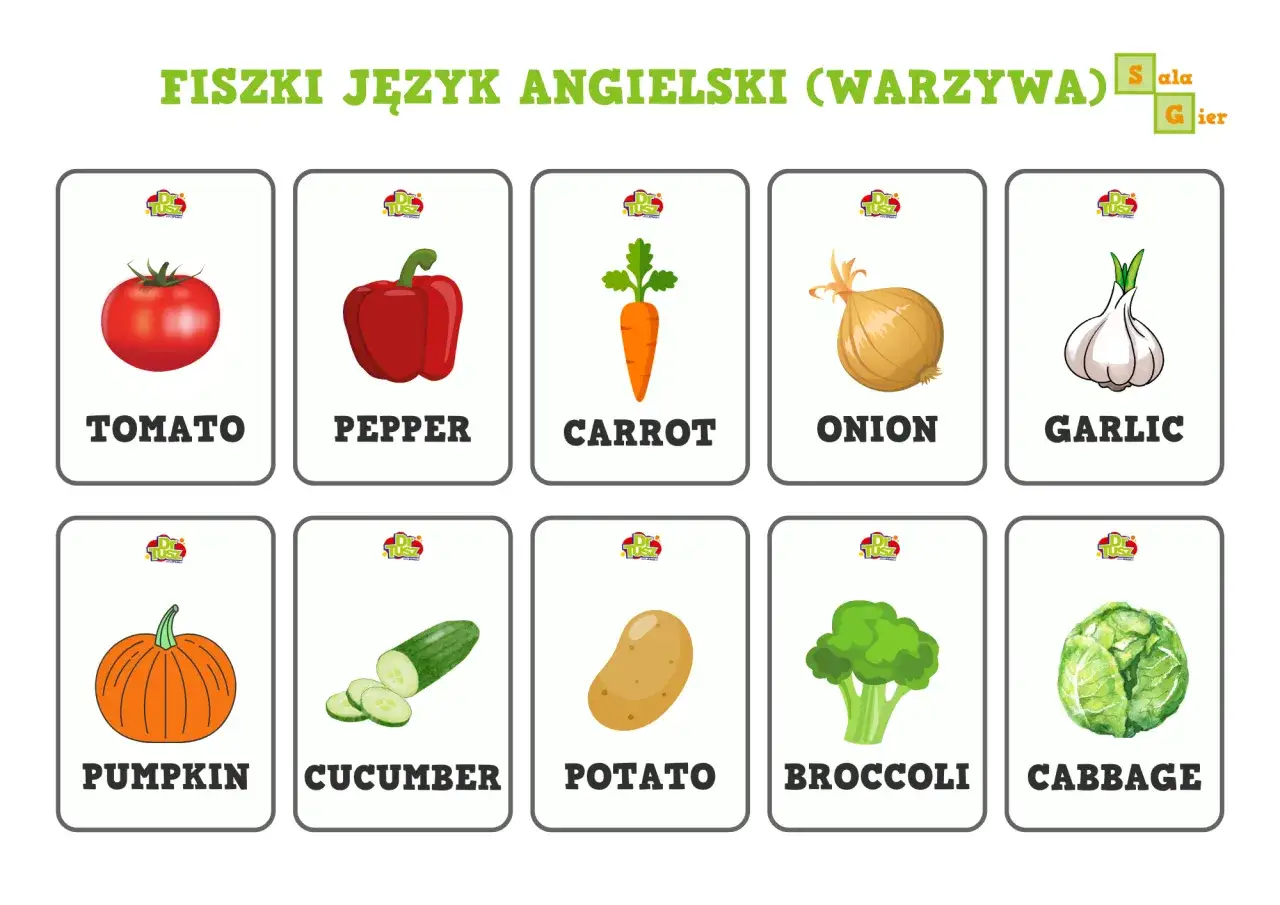 Fiszki z warzywami: TOMATO, PEPPER, CARROT, ONION, GARLIC, PUMPKIN, CUCUMBER, POTATO, BROCCOLI, CABBAGE. Krótkie słowa po angielsku.