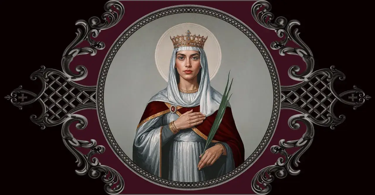 Portrait de sainte Irène, patronne, couronnée, tenant une palme, dans un cadre ornemental.