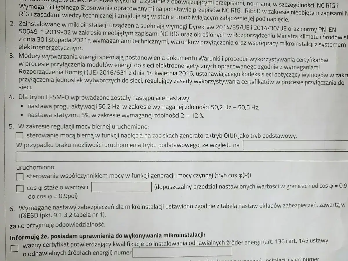 Formularz zgłoszenia mikroinstalacji Tauron. Potwierdzenie spełnienia wymogów technicznych i przepisów.