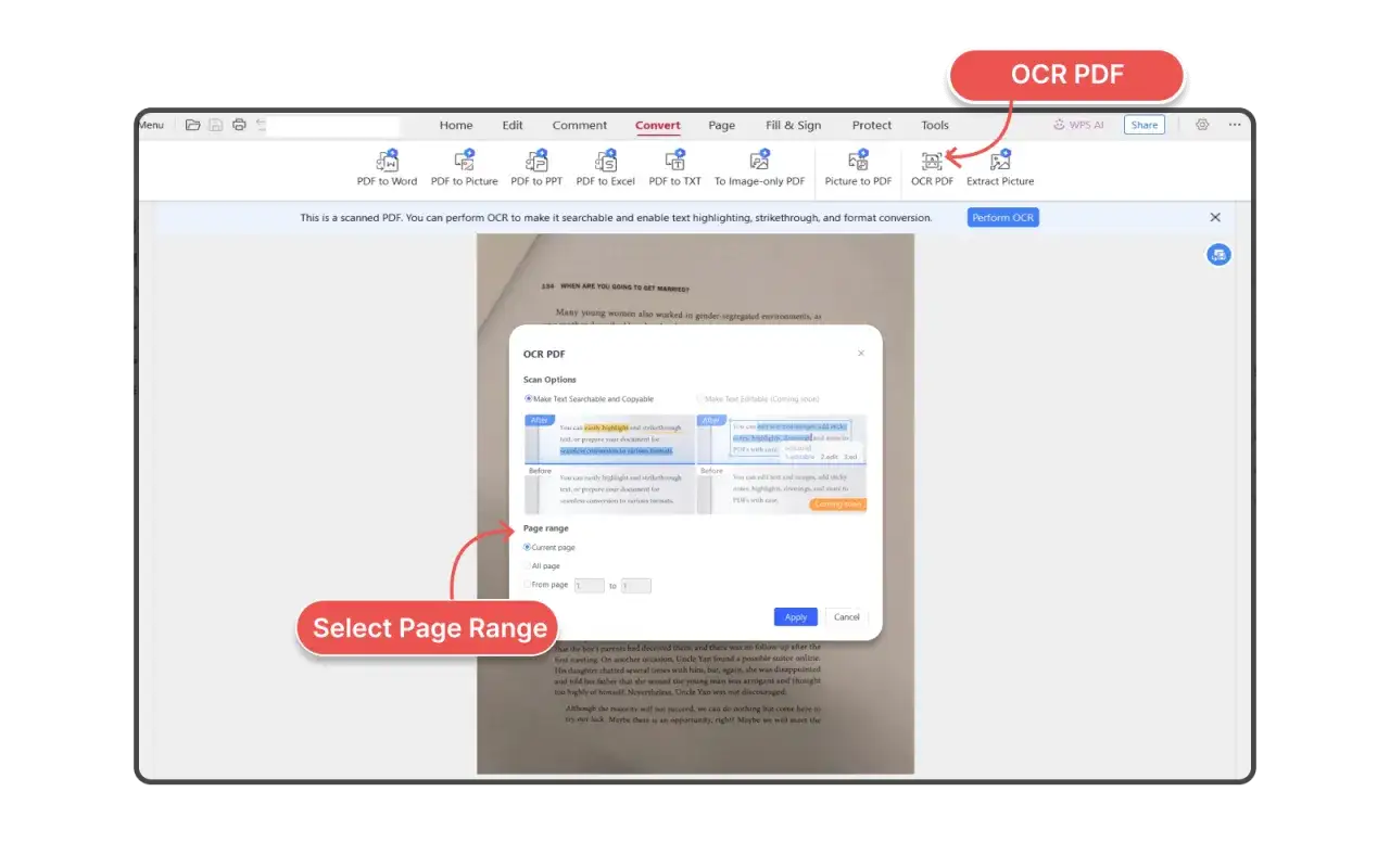 Wybierz zakres stron do OCR w WPS Office, aby uczynić skanowany dokument edytowalnym i przeszukiwalnym.