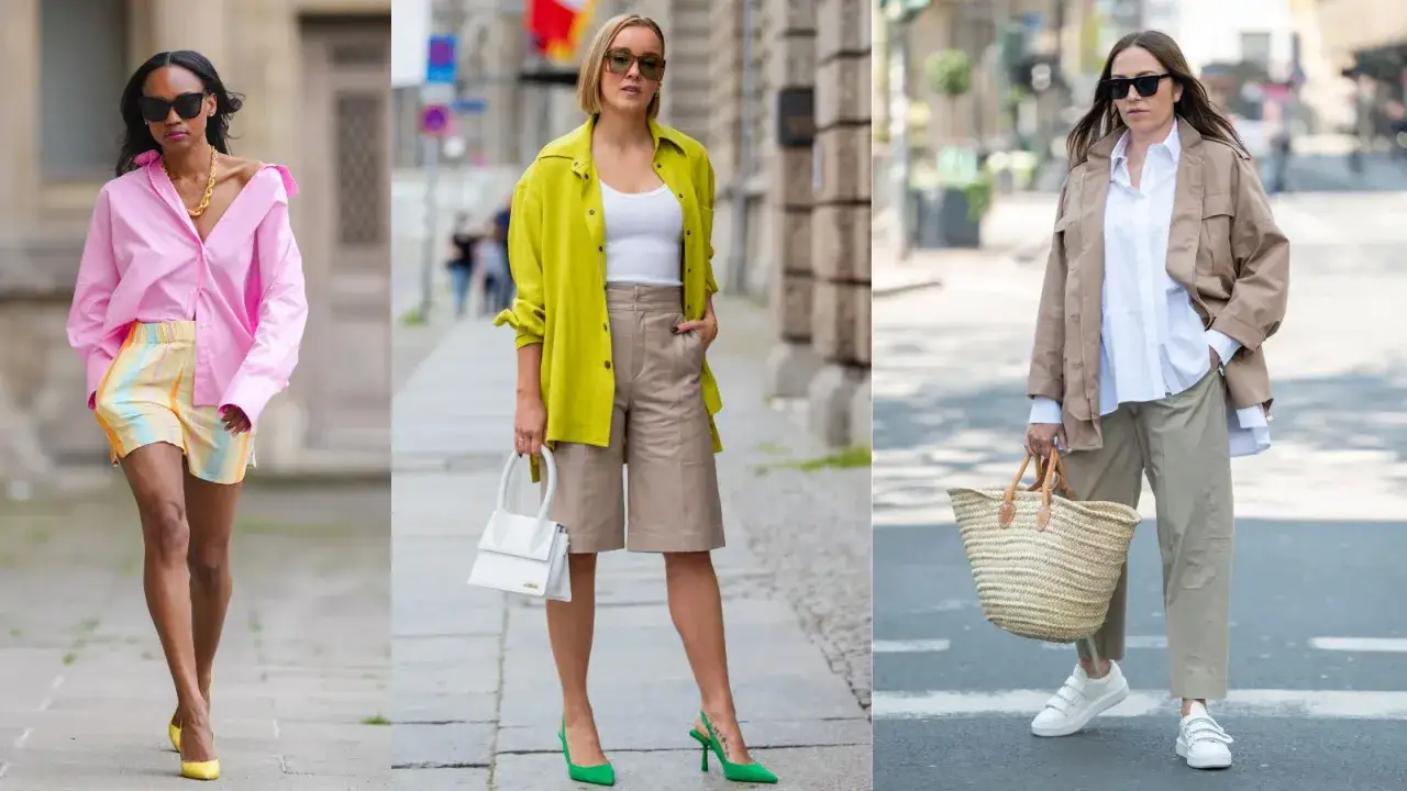 Kobiety w stylizacjach oversize: luźna różowa koszula, limonkowy komplet i beżowa marynarka. Oversize to modny, swobodny krój.