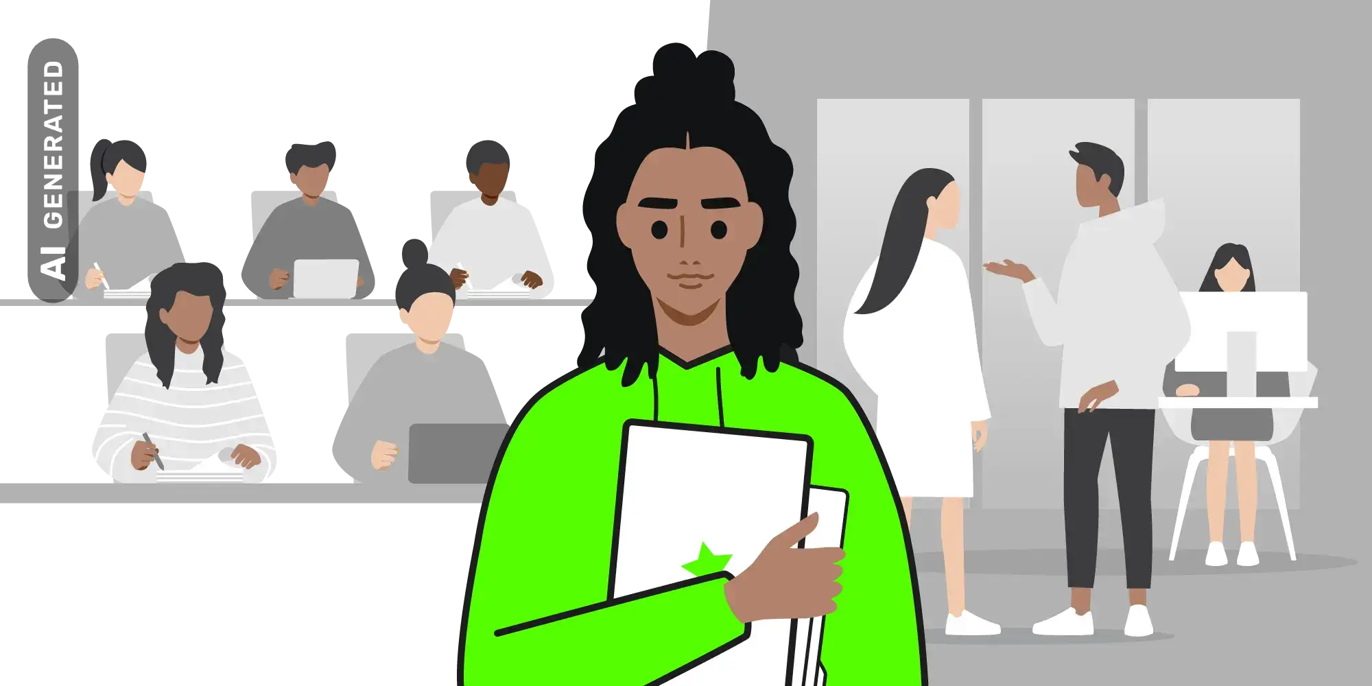 Bunte Illustration zum iu Semesterbeginn: Studierende lernen, eine Frau mit Akten und ein Gespr&auml;ch im Hintergrund.