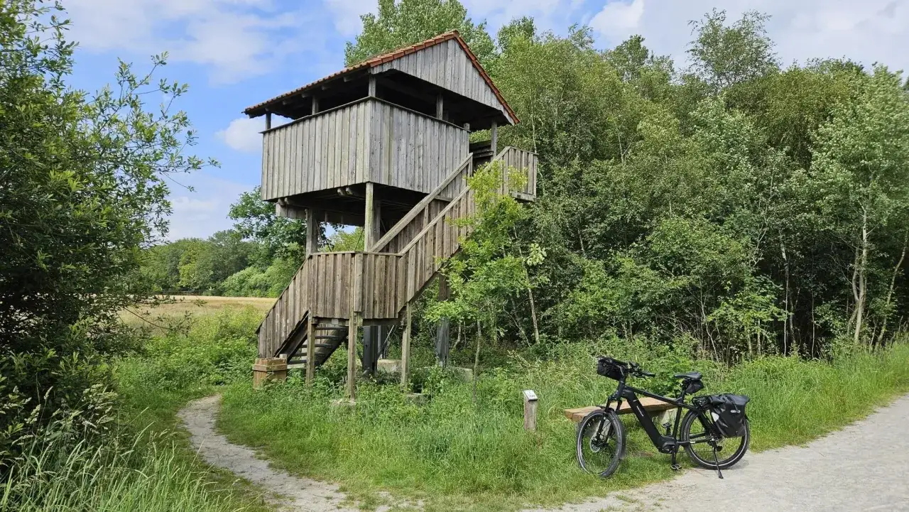Holzturm im Emsdettener Venn, bereit f&uuml;r eine Aussichtstour. Ein Fahrrad wartet daneben.