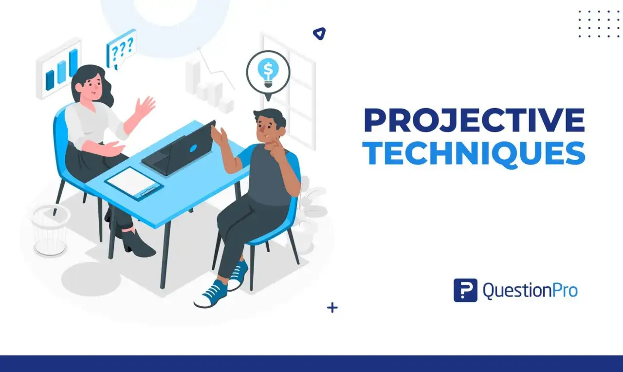 Dos personas discuten ideas en una oficina, usando **técnicas proyectivas** para resolver problemas.