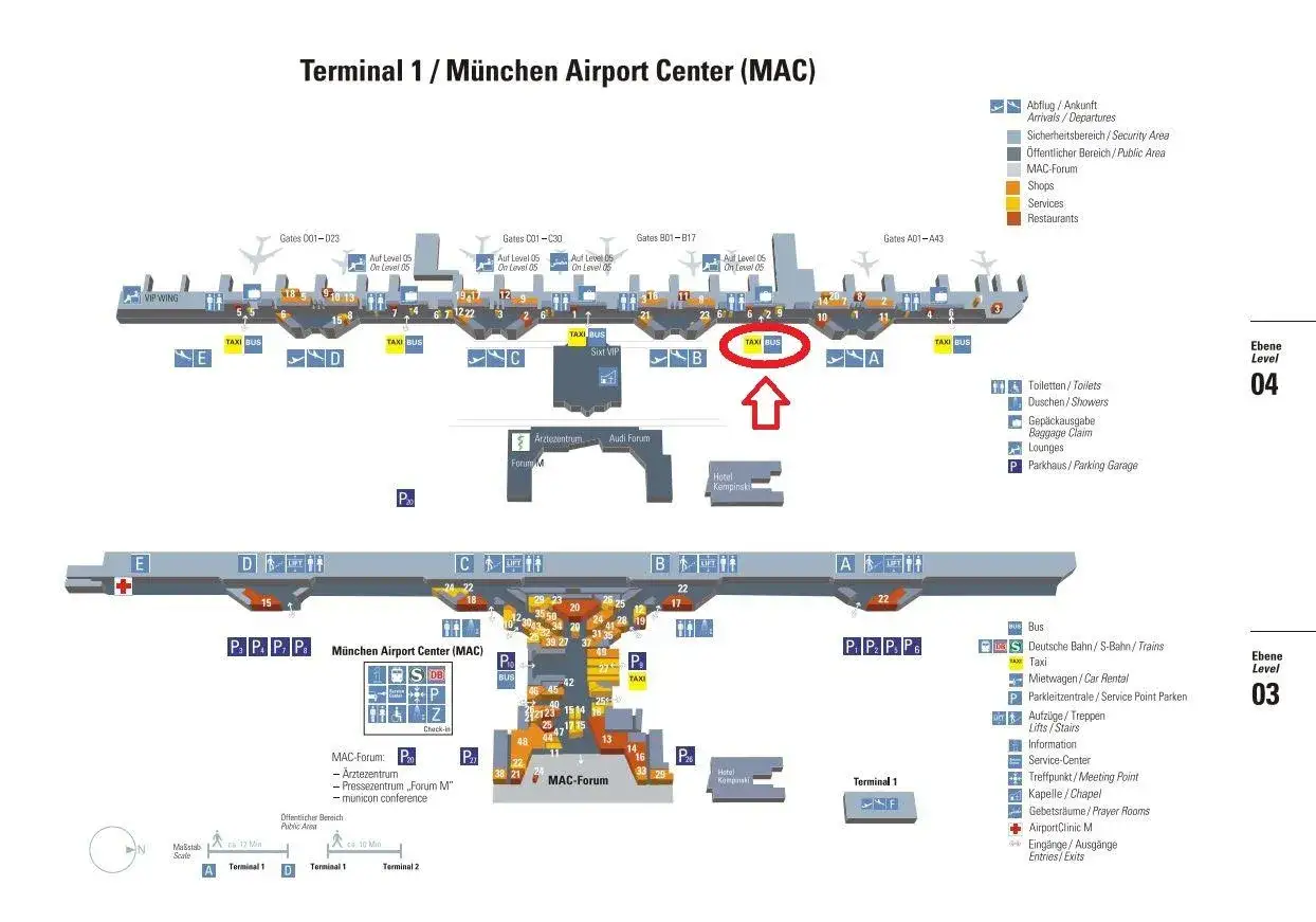Plan lotniska w Monachium, pokazujący Terminal 1 i MAC. Czerwona strzałka wskazuje przystanek TAXI BUS.