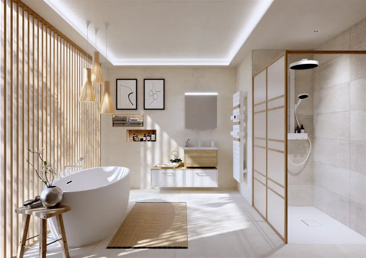 &Eacute;l&eacute;gante salle de bain japandi avec baignoire &icirc;lot, douche &agrave; l'italienne et murs en bois.