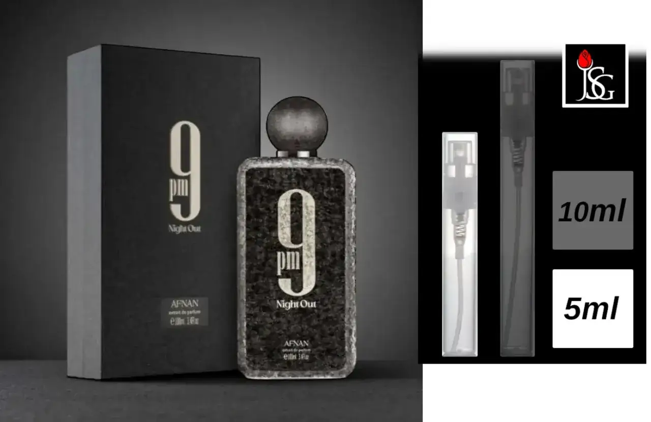 Afnan 9pm Night Out perfumy w eleganckim flakonie i pudełku. Obok próbki 10ml i 5ml.