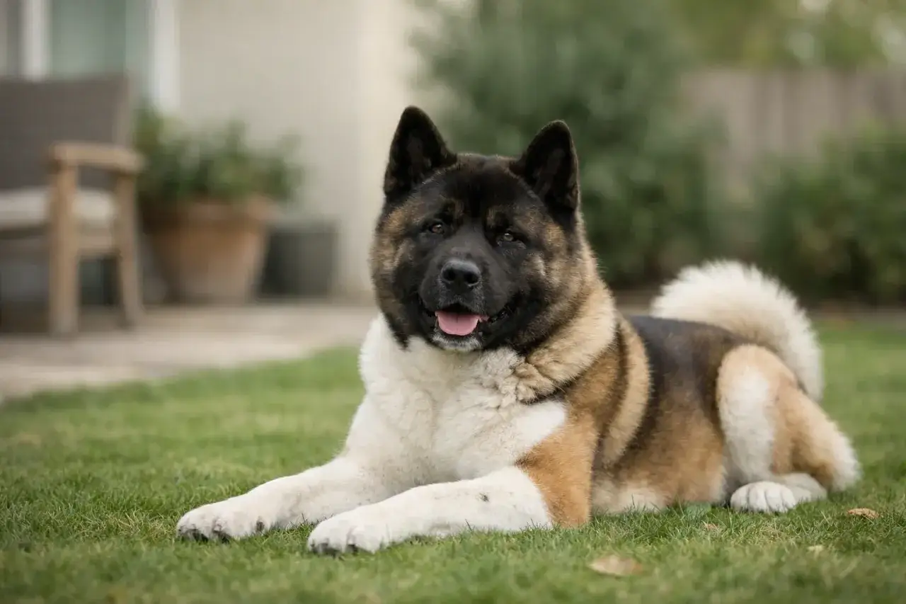 Piękny pies rasy Akita Inu, kt&oacute;ry może żyć nawet 10-15 lat, leży na trawie.