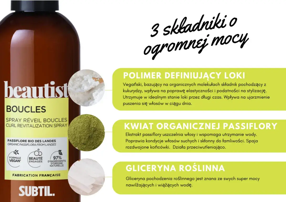 Spray do loków z gliceryną roślinną, która działa jak silne humektanty, nawilżając i wiążąc wodę we włosach.