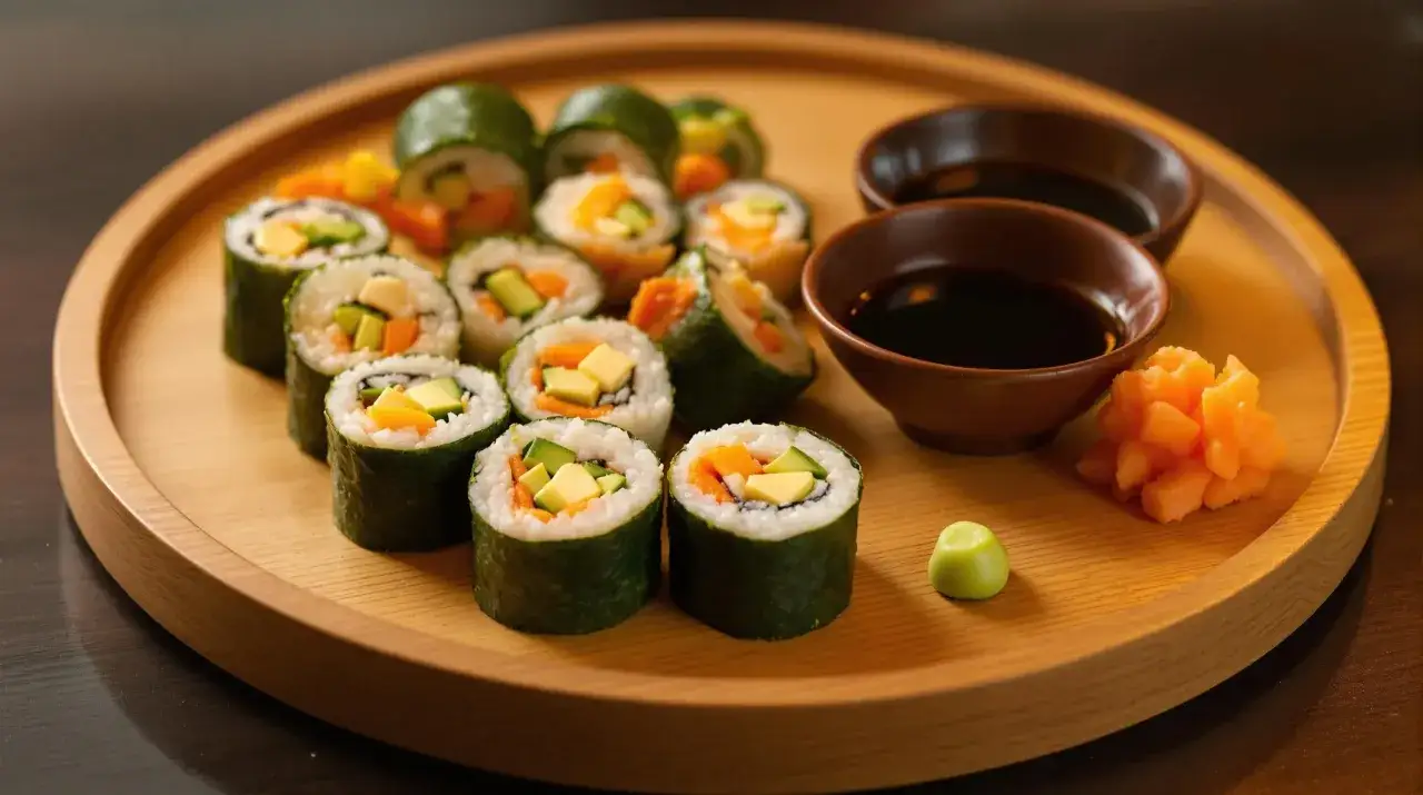 Pyszne rolki sushi z awokado i marchewką, podane z sosem sojowym i imbirem. Sushi właściwości odżywcze czynią je zdrowym wyborem.