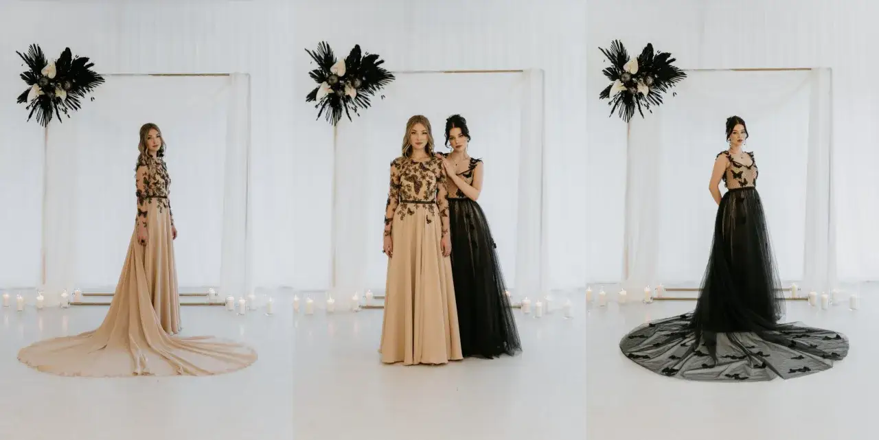 Trzy kobiety w sukniach haute couture, dwie w beżowych i czarnych, jedna w czarnej.