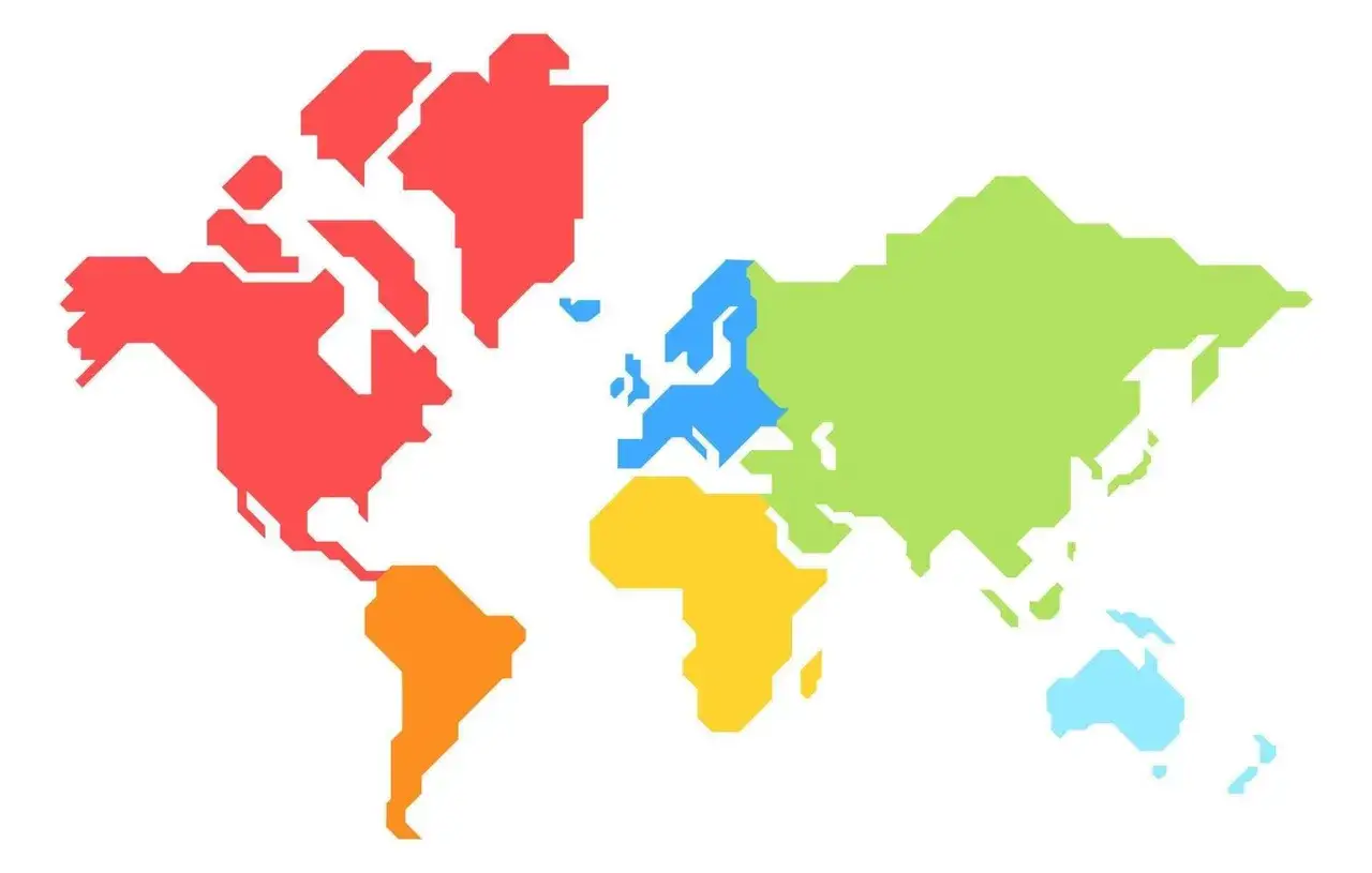 Kolorowa mapa świata pokazuje, jakie są kontynenty: Ameryki (czerwone), Europę (niebieska), Afrykę (żółta), Azję (zielona) i Australię (jasnoniebieska).