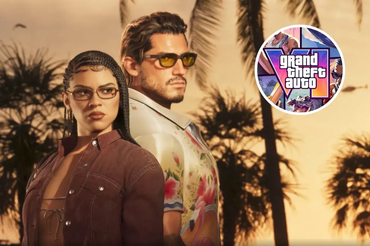 Dos protagonistas de Grand Theft Auto 6, un hombre y una mujer, posan bajo palmeras al atardecer.