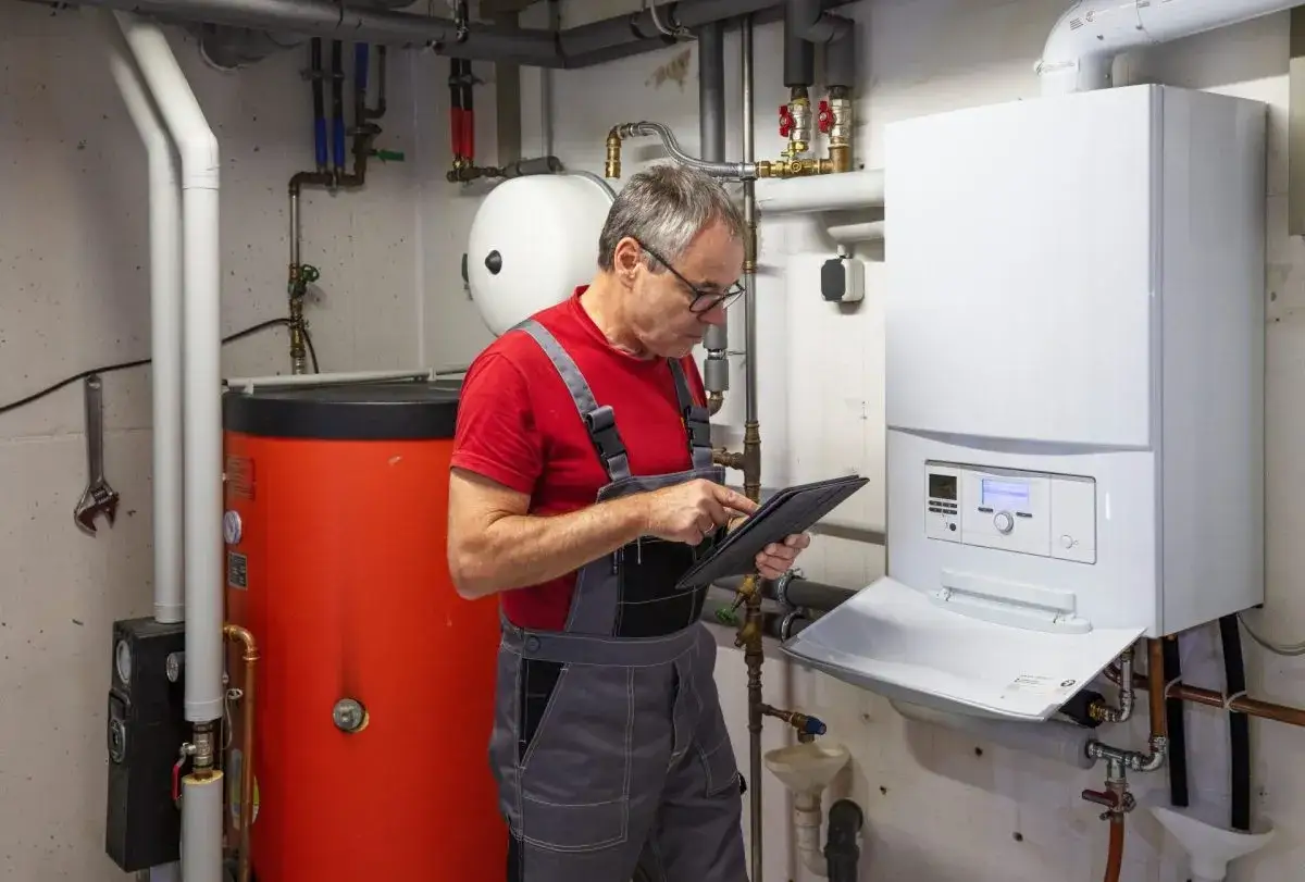 Ein Handwerker prüft mit einem Tablet eine Heizungsanlage. Was darf der Schornsteinfeger nicht? Er darf nicht an der Anlage selbst arbeiten.