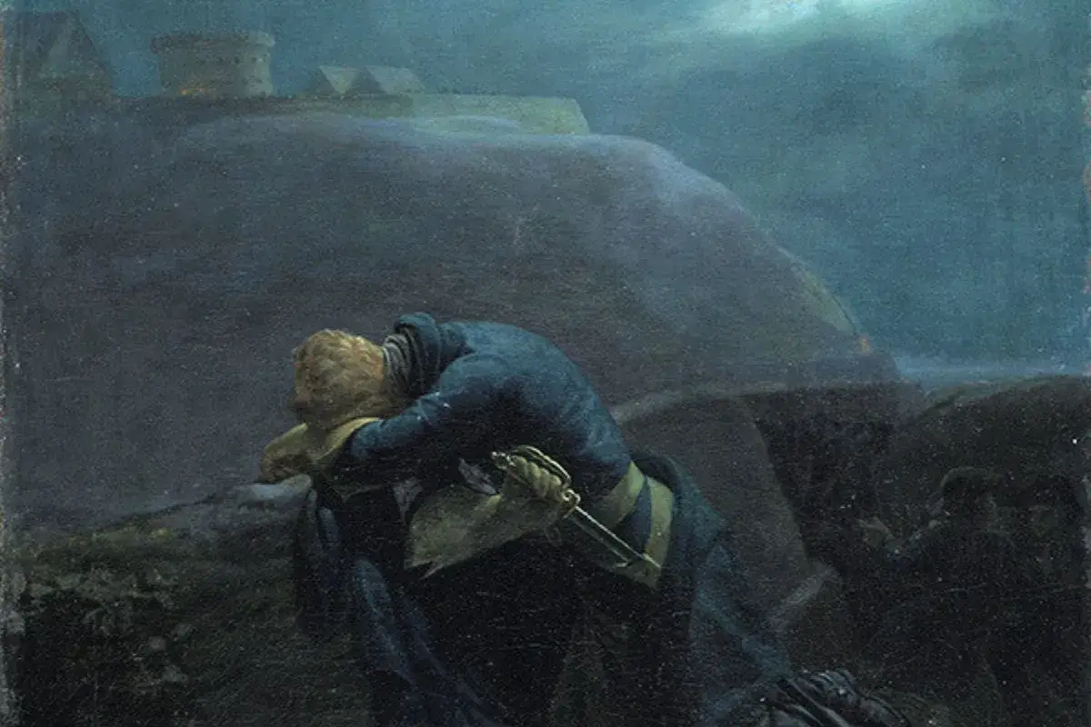 En soldat faller i m&ouml;rkret, kanske en scen som skildrar hur dog Karl XII. En f&auml;stning skymtar i bakgrunden.