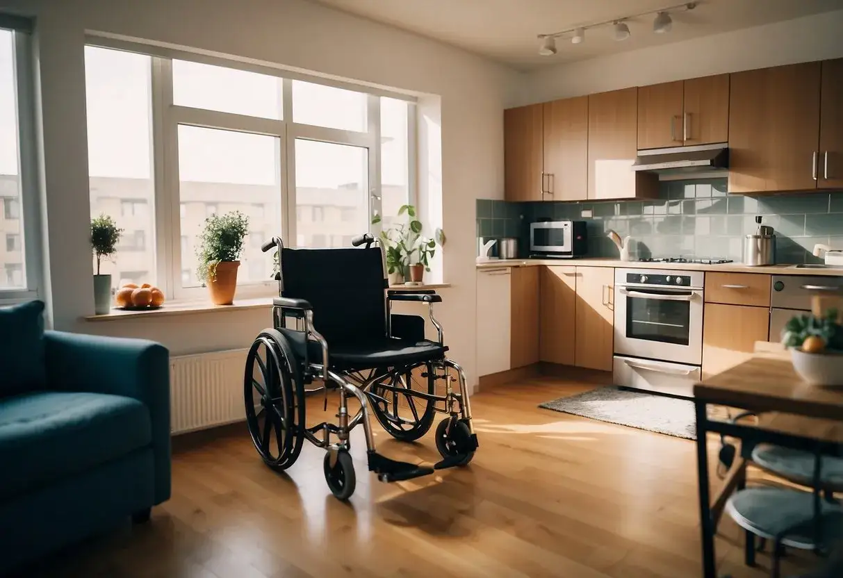 Un fauteuil roulant est prêt dans un appartement lumineux, idéal pour un logement PMR en location.