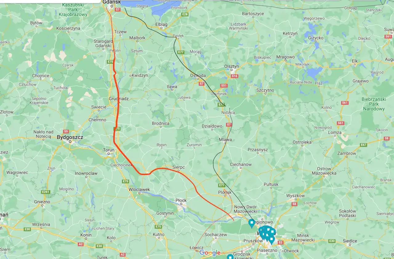 Trasa S7 od Gdańska przez Toruń i Płock do Warszawy.