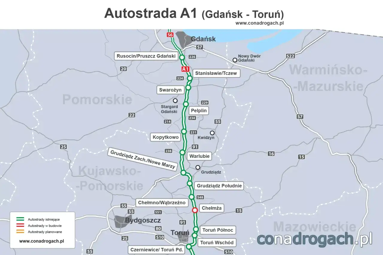 Mapa autostrady A1 od Gdańska do Torunia, pokazująca przebieg i węzły. Opłaty na autostradzie A1 Toruń - Gdańsk są związane z odcinkami płatnymi.