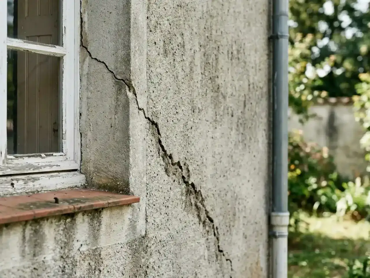Grosse fissure sur mur extérieur près d'une fenêtre, nécessitant une réparation. Le crépi est abîmé.