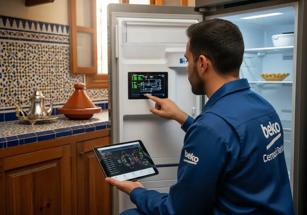Un technicien Beko vérifie un écran affichant un schéma technique, peut-être pour diagnostiquer un code erreur frigo Beko.