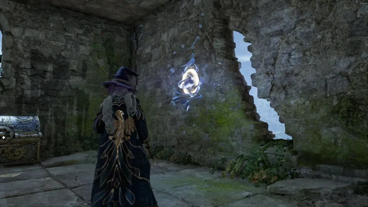 Gracz w Hogwart Legacy próbuje otworzyć zamek, celując w magiczny artefakt na kamiennej ścianie.