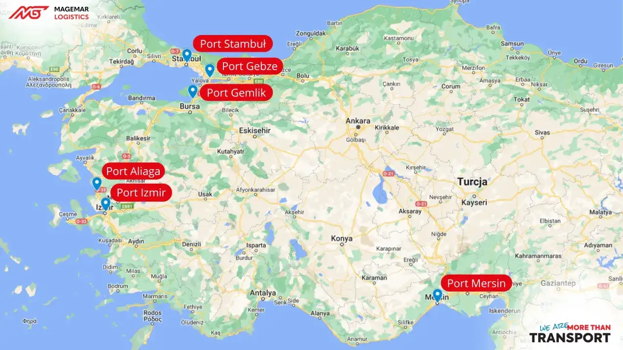 Mapa pokazuje porty w Turcji: Stambuł, Gebze, Gemlik, Aliaga, Izmir i Mersin. Dowiedz się, ile się leci do Turcji i zaplanuj podróż!