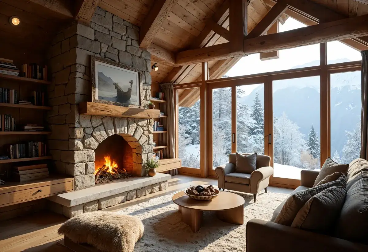 Accogliente salone rustico con camino in pietra, librerie in legno e vista panoramica su un paesaggio innevato.