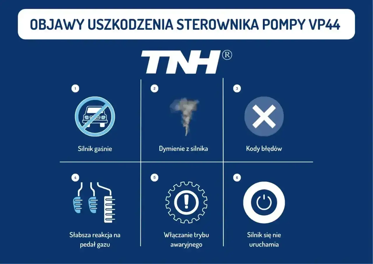 Objawy uszkodzenia sterownika pompy VP44: silnik gaśnie, dymi, błędy, słabsza reakcja na gaz, tryb awaryjny, brak uruchomienia.
