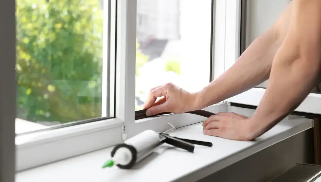 Manos colocando cinta para aislar ventanas. Un tubo de sellador est&aacute; listo para usar.